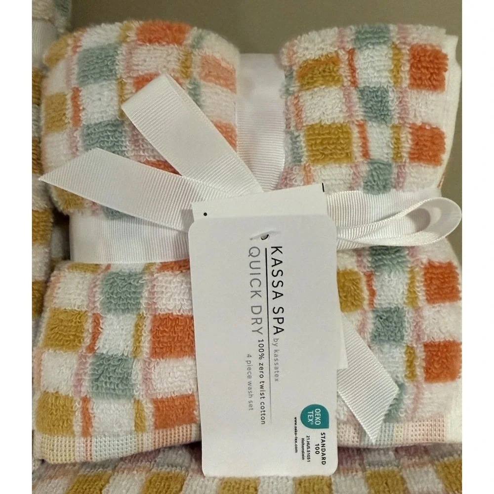 Kassa Spa Checked Bathroom Towel Set - 100% Cotton 2Bath 2Hand 4Wash ~ NEW